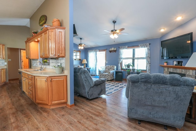 kitchen featuring vaulted ceiling, a fireplace, sink, and hardwood / wood-style floors