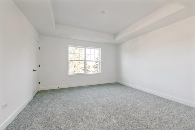 carpeted empty room featuring a tray ceiling