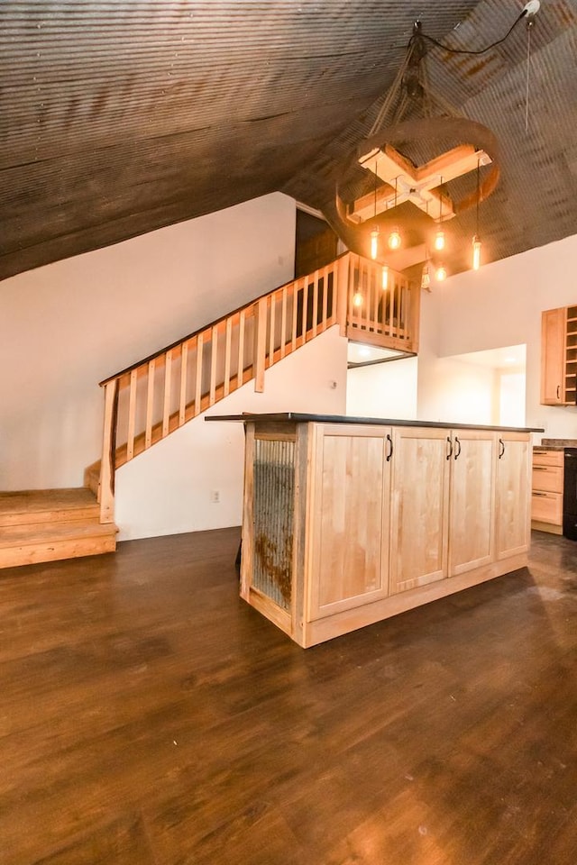 interior space featuring wooden ceiling, lofted ceiling, and wood-type flooring