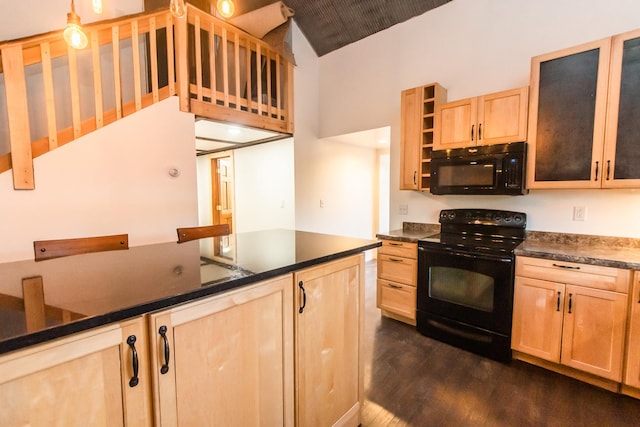 kitchen with dark hardwood / wood-style flooring, light brown cabinetry, high vaulted ceiling, and black appliances