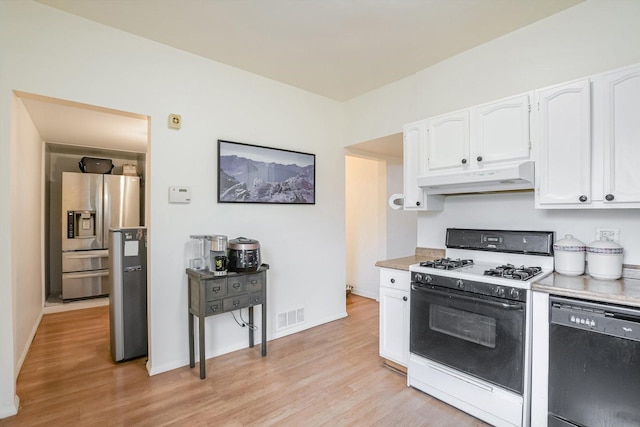 kitchen with dishwasher, white gas range oven, stainless steel refrigerator with ice dispenser, white cabinetry, and light hardwood / wood-style flooring