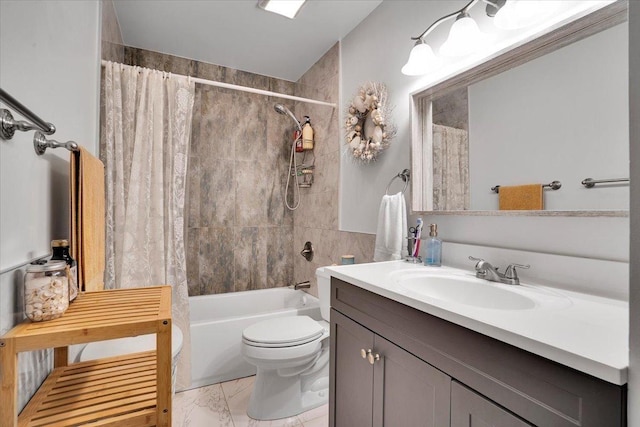 full bathroom featuring toilet, shower / bathtub combination with curtain, and vanity