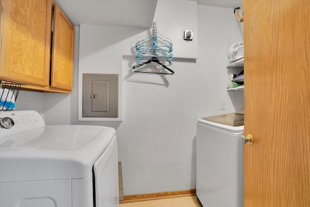 laundry area with cabinets, electric panel, and washing machine and clothes dryer