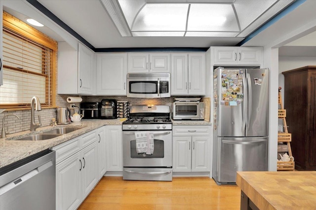 kitchen with sink, white cabinets, decorative backsplash, and stainless steel appliances