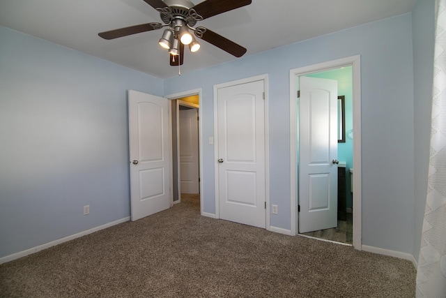 unfurnished bedroom featuring carpet flooring and ceiling fan