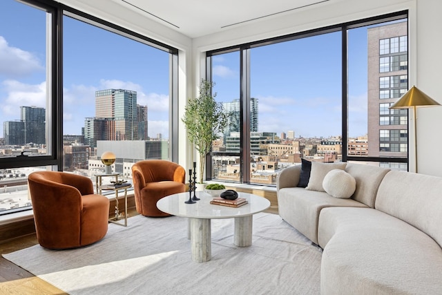 sunroom with a city view