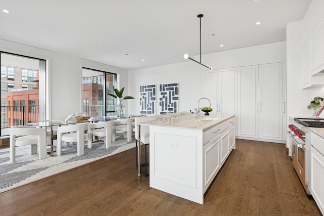 kitchen with dark wood-style flooring, a sink, white cabinetry, an island with sink, and decorative light fixtures