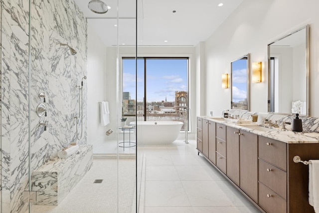 full bathroom featuring recessed lighting, a soaking tub, vanity, and a marble finish shower