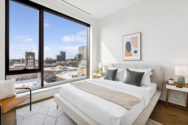 bedroom featuring light wood finished floors and a city view