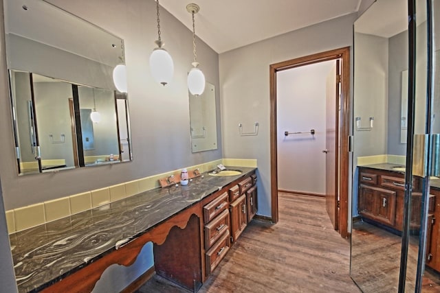 bathroom with vanity and wood-type flooring