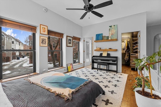 bedroom featuring a closet, ceiling fan, a spacious closet, and wood-type flooring