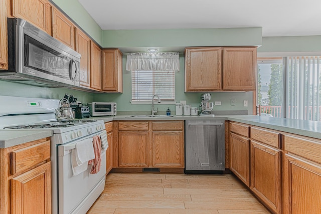 kitchen with sink, light wood-type flooring, and appliances with stainless steel finishes