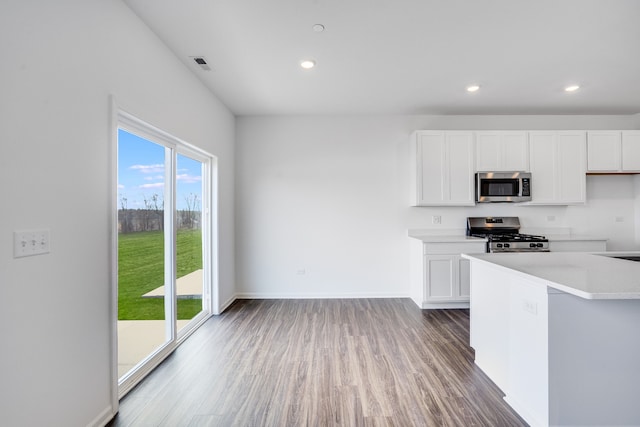 kitchen featuring stainless steel appliances, white cabinetry, and wood finished floors