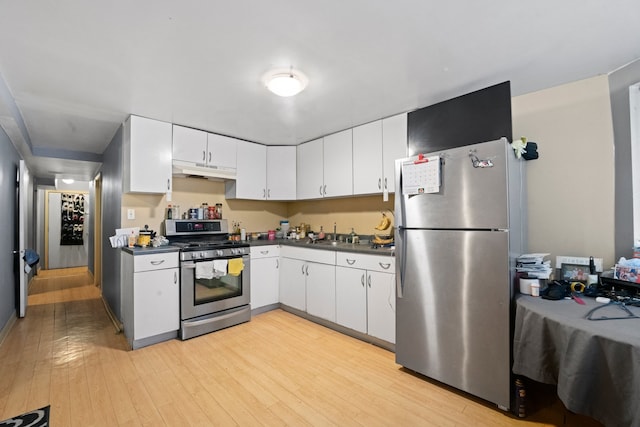 kitchen featuring white cabinets, light wood-type flooring, and stainless steel appliances