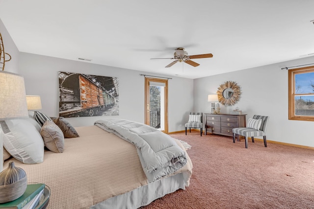 bedroom featuring carpet, visible vents, ceiling fan, and baseboards