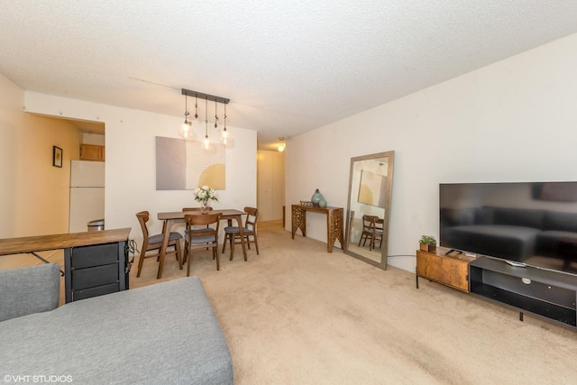 carpeted dining room with a textured ceiling