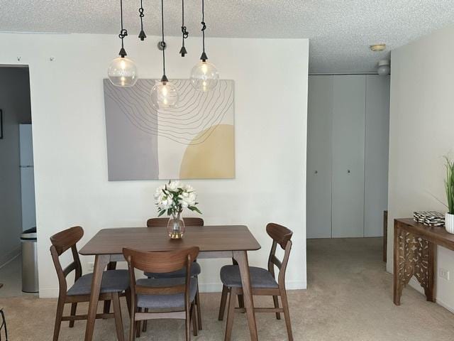 carpeted dining room with a textured ceiling