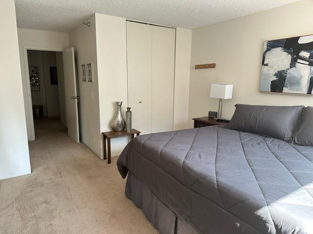 carpeted bedroom featuring a textured ceiling and a closet