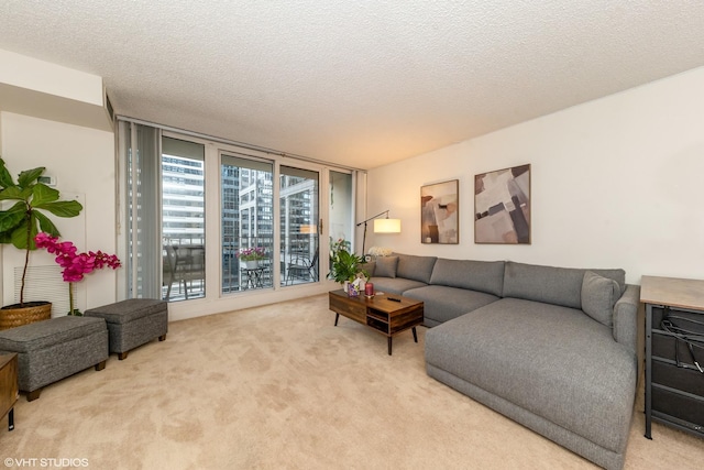 carpeted living room featuring a wall of windows and a textured ceiling