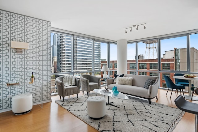 living room featuring rail lighting, light hardwood / wood-style flooring, and floor to ceiling windows