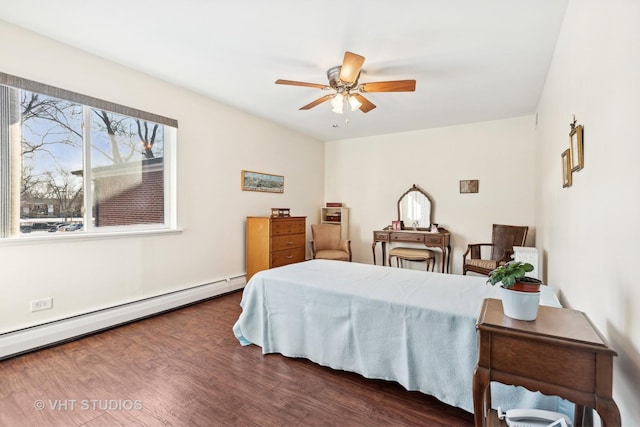 bedroom with dark hardwood / wood-style flooring, a baseboard radiator, and ceiling fan