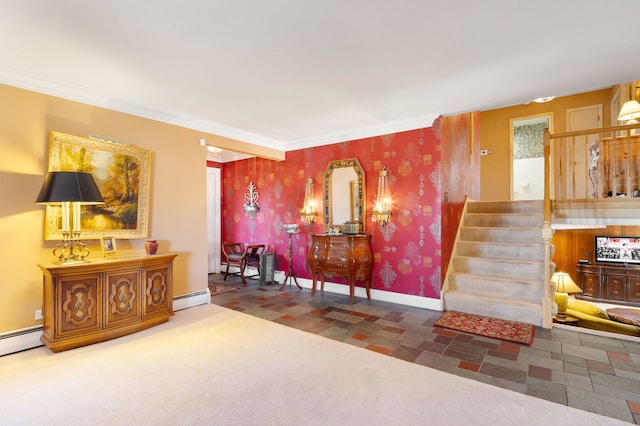 interior space with baseboard heating, carpet, and ornamental molding