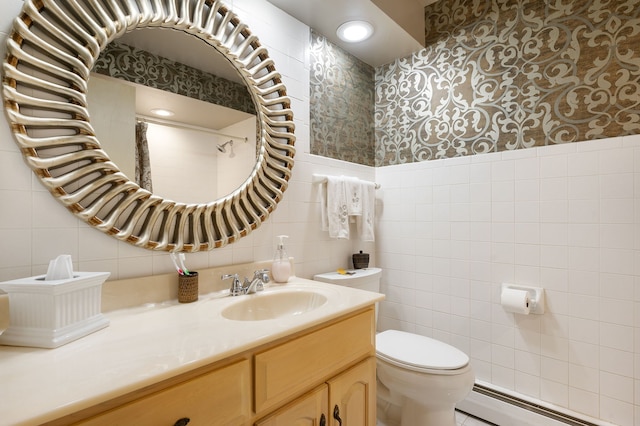 bathroom featuring baseboard heating, tile walls, toilet, and vanity