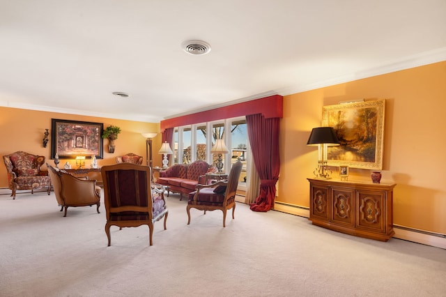 living area featuring crown molding, baseboard heating, and carpet