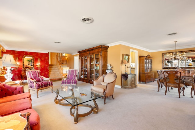 carpeted living room featuring crown molding and an inviting chandelier