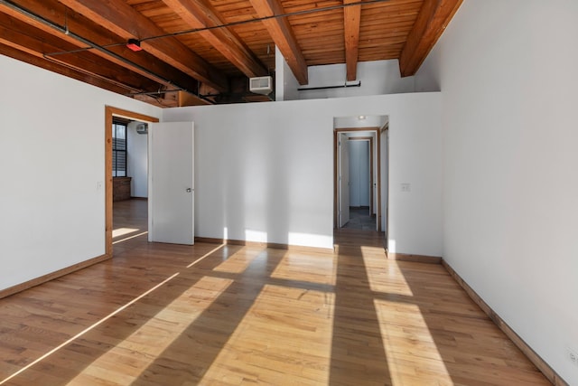 spare room featuring wooden ceiling, beam ceiling, and light hardwood / wood-style flooring