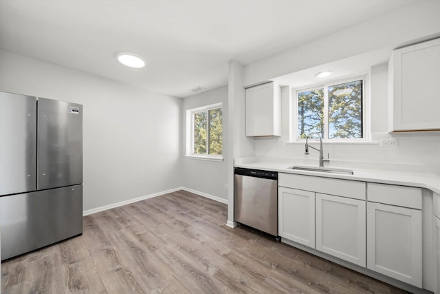 kitchen with light hardwood / wood-style floors, appliances with stainless steel finishes, white cabinetry, sink, and backsplash