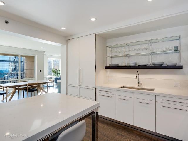 kitchen with sink, white cabinets, and dark hardwood / wood-style floors