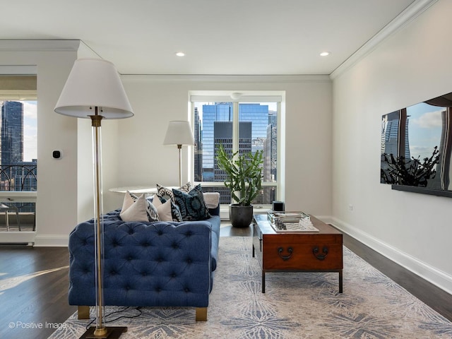 living room featuring dark hardwood / wood-style flooring and ornamental molding