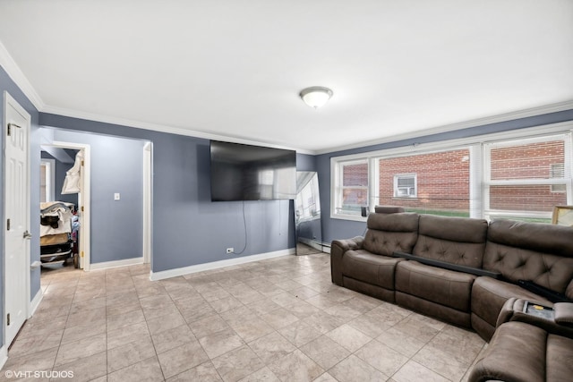 living room with ornamental molding