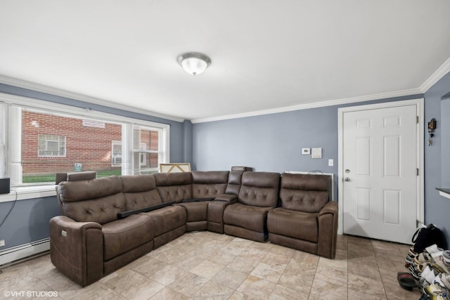 living room with plenty of natural light, a baseboard heating unit, and ornamental molding