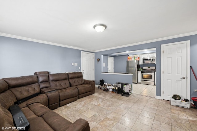 tiled living room featuring ornamental molding