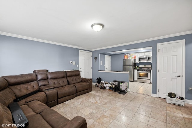 tiled living room with crown molding