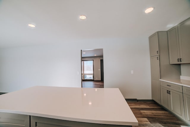 kitchen featuring gray cabinetry, dark hardwood / wood-style flooring, and a kitchen island