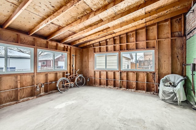 miscellaneous room with concrete flooring and vaulted ceiling