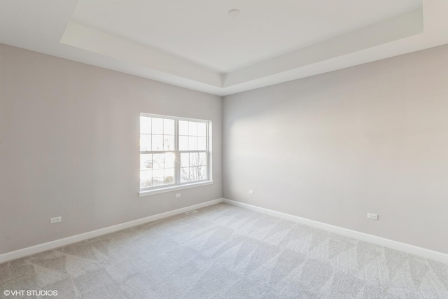 carpeted spare room with a raised ceiling