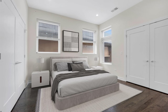 bedroom featuring dark wood-type flooring and a closet