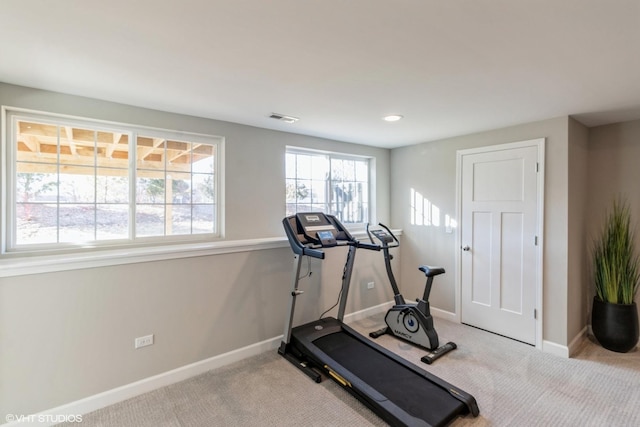 workout room featuring light carpet