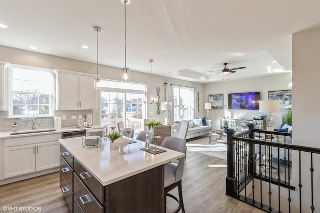 kitchen featuring white cabinets, a tray ceiling, sink, and a kitchen island