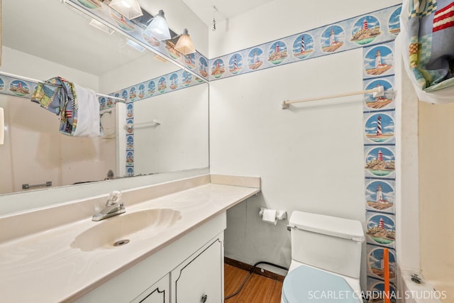 bathroom with vanity, wood-type flooring, and toilet