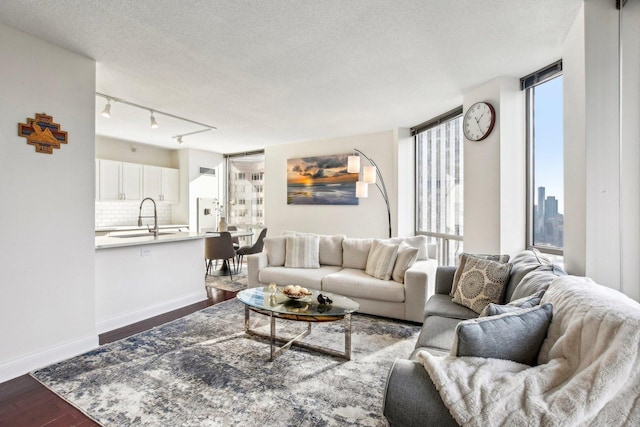 living room featuring dark hardwood / wood-style flooring, a textured ceiling, rail lighting, and sink