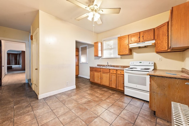 kitchen with sink, ceiling fan, and white electric range oven