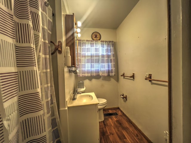 bathroom featuring toilet, vanity, and hardwood / wood-style floors