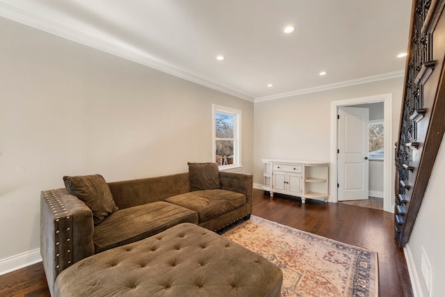 living room with dark wood-type flooring and crown molding