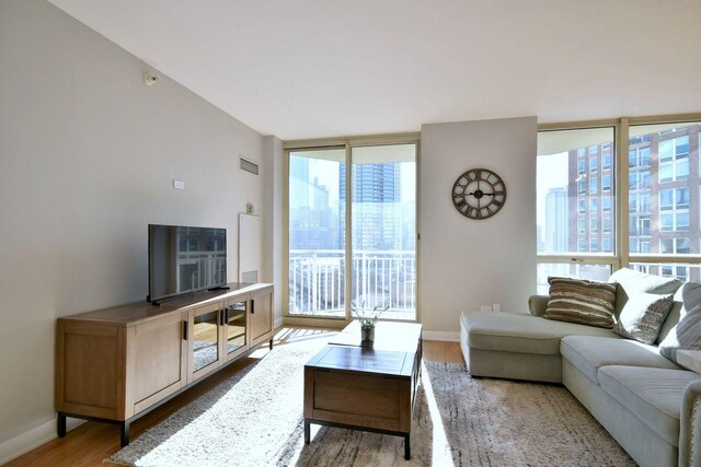 living room with wood-type flooring and floor to ceiling windows