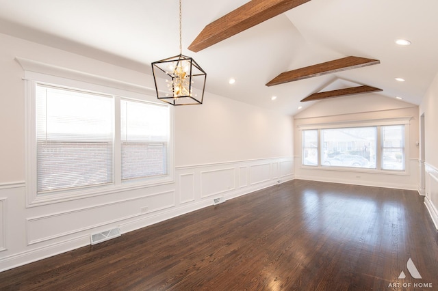 unfurnished dining area with dark hardwood / wood-style floors, vaulted ceiling with beams, and an inviting chandelier